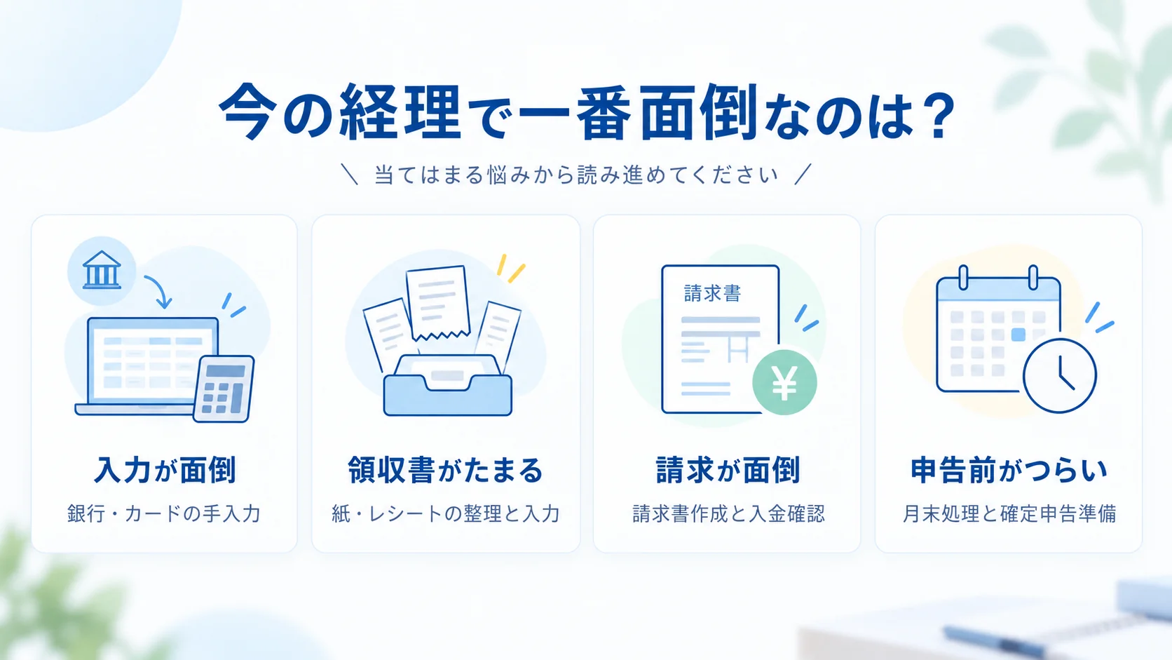 経理の悩みを「入力が面倒」「領収書がたまる」「請求が面倒」「申告前がつらい」の4つに分けた図