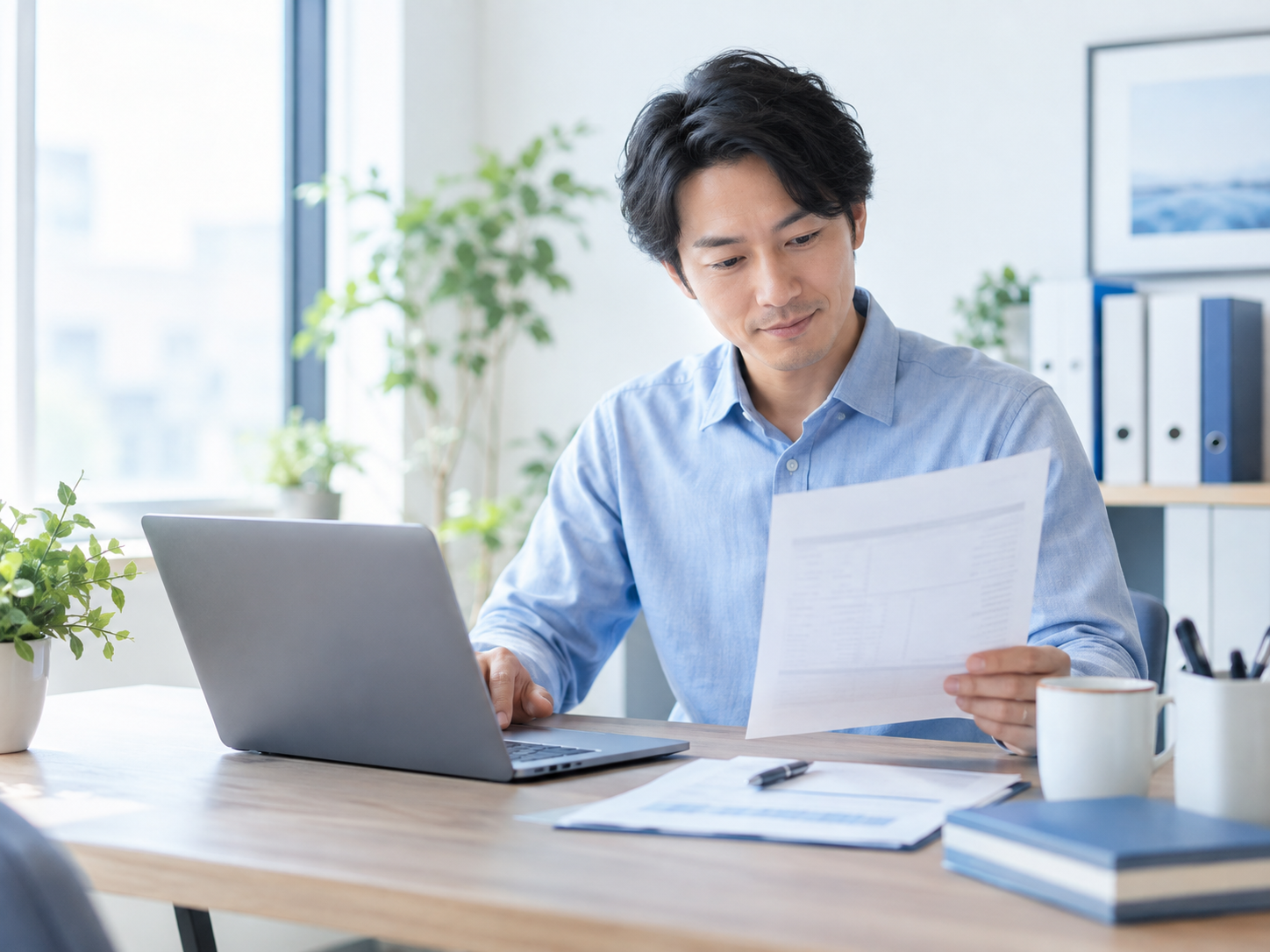 会計ソフトの資料とパソコンの画面を見比べて検討している個人事業主