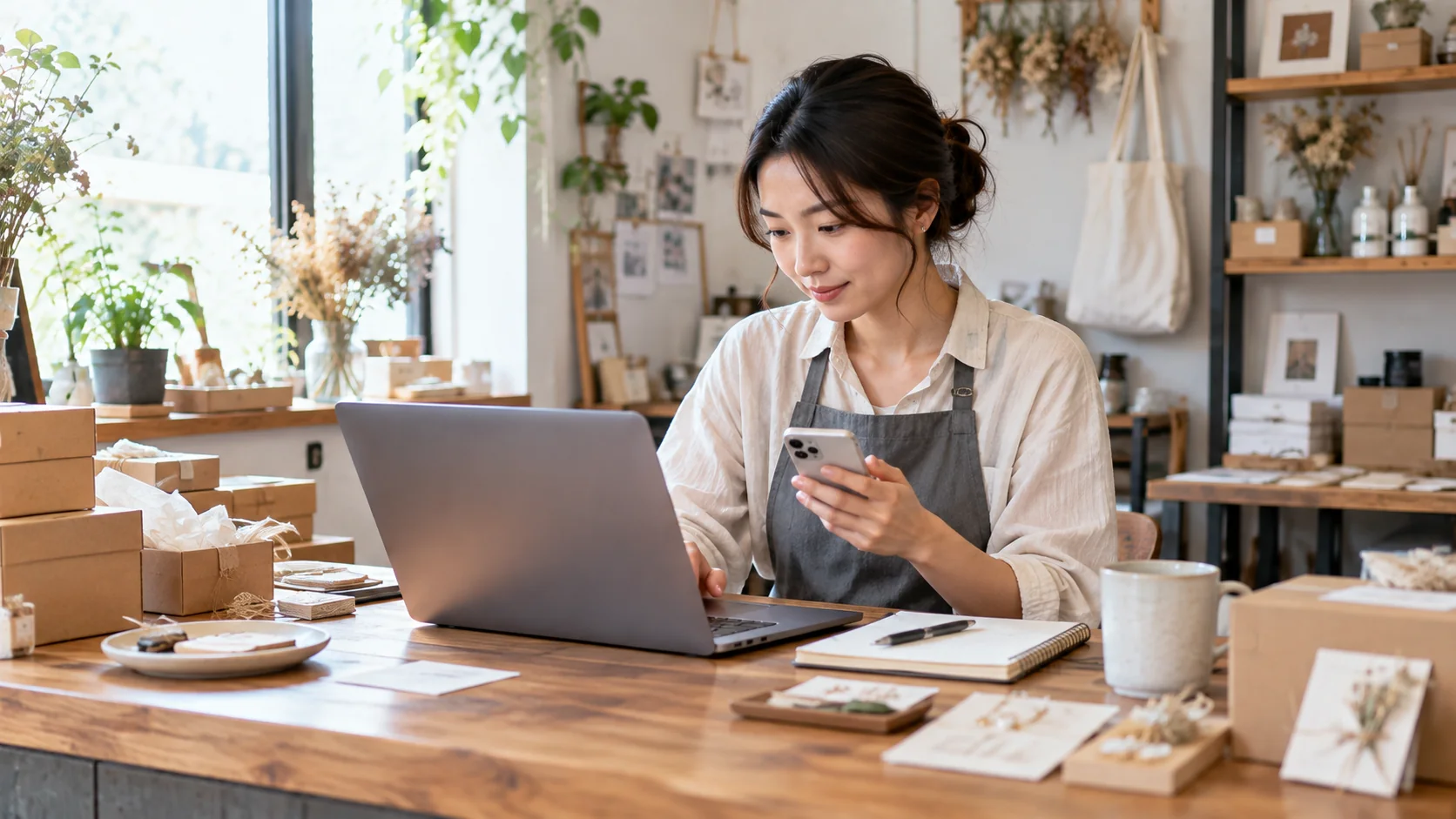 店の作業台でノートパソコンとスマートフォンを使い、一人で仕事を進めている個人事業主