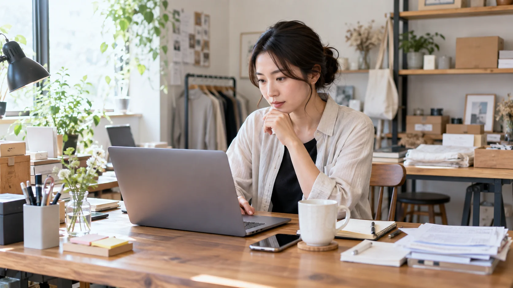 仕事場のカウンターでノートパソコンを開き、店の発信や事務をまとめて進めている個人事業主