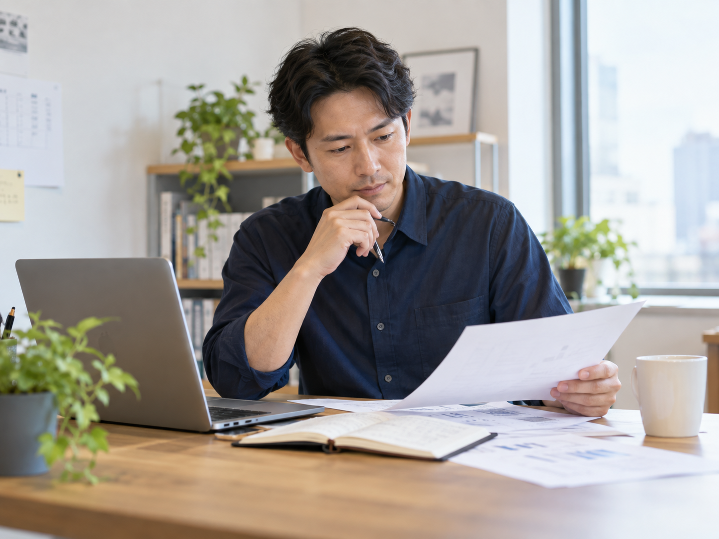 手元の書類を見ながら、自分の仕事を書き出して見直している様子