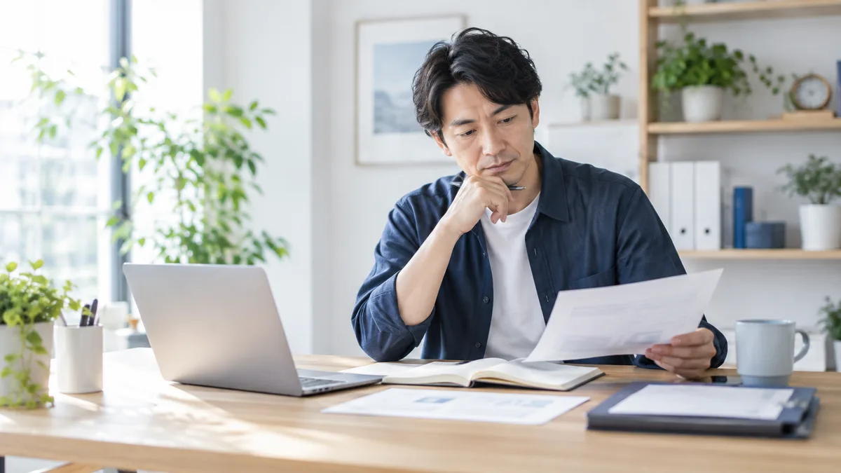 ノートパソコンと書類を見ながら仕事の進め方を整理している男性