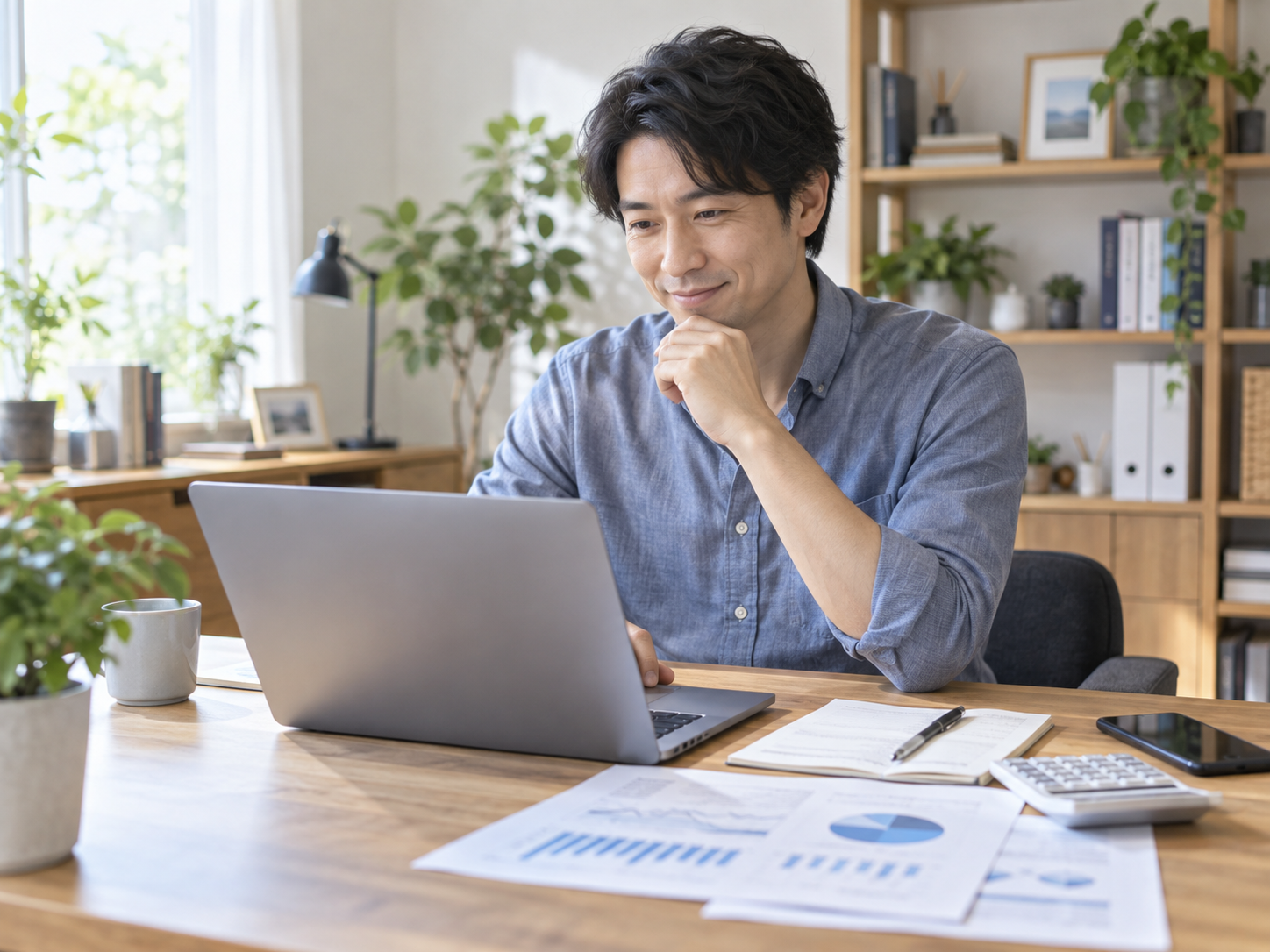 自動で集計された数字をパソコンで確認する男性
