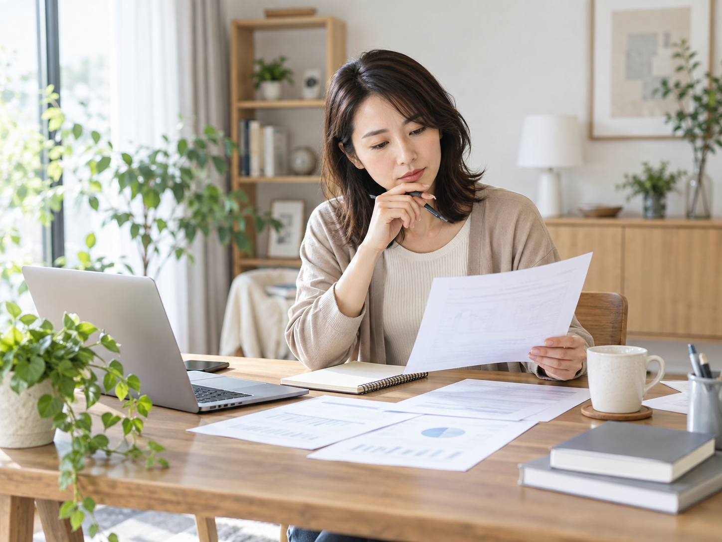 手元の書類を見ながら、どの作業を減らせるか考える女性