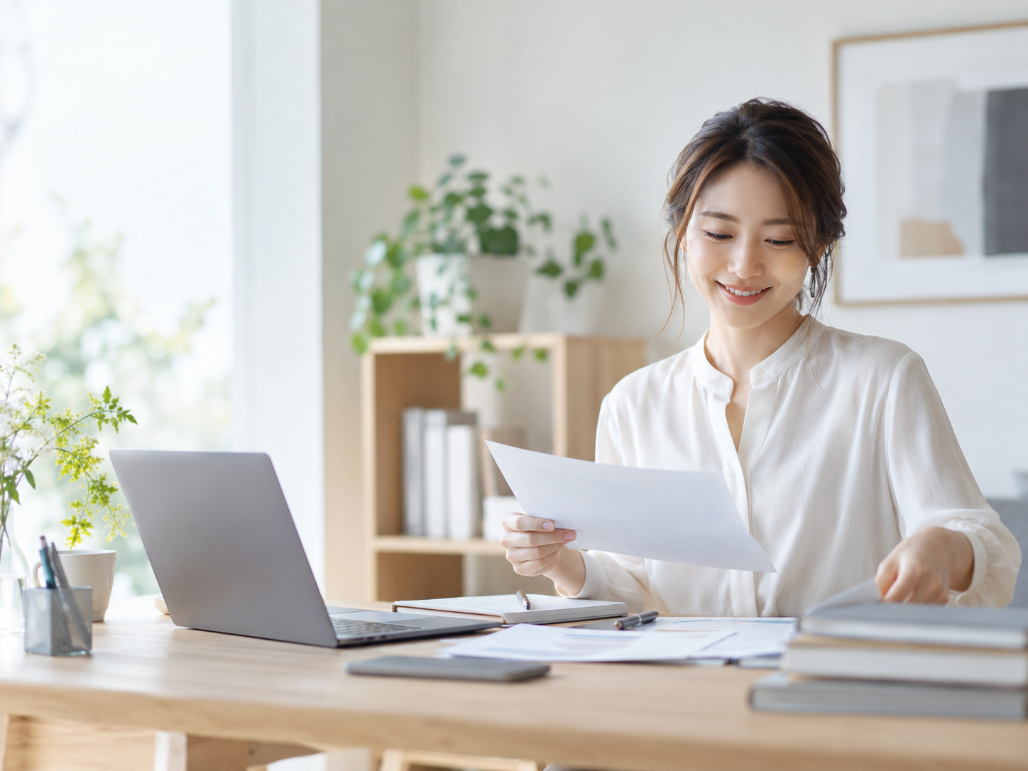 書類を整理しながらパソコンで仕事をする個人事業主
