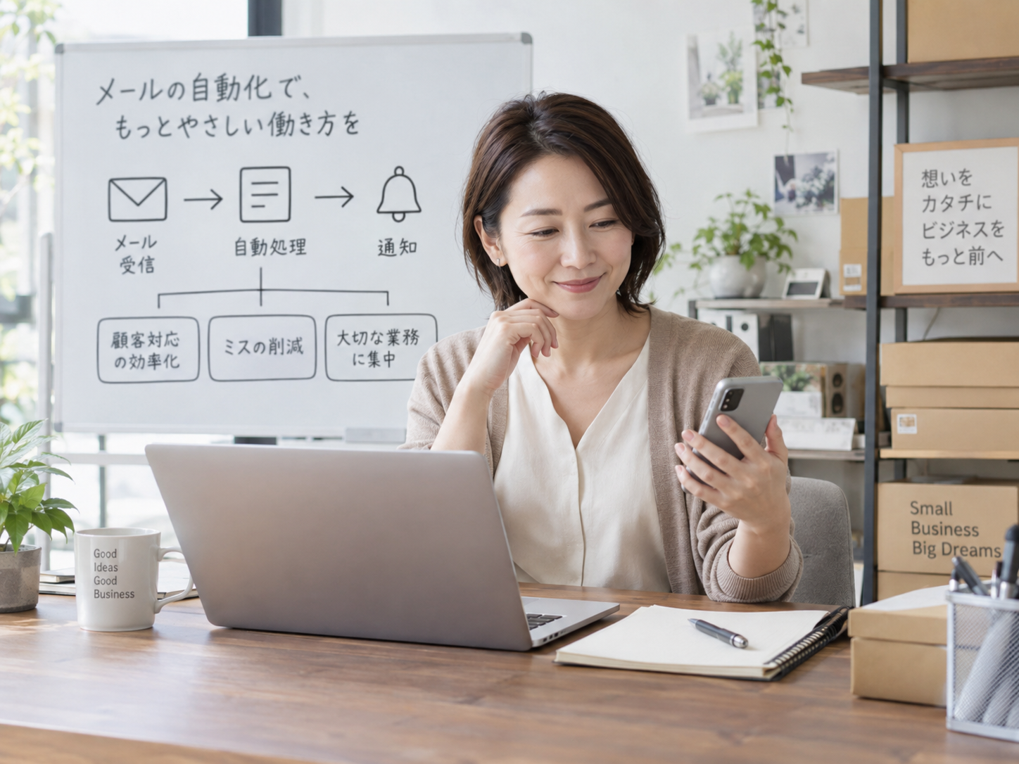 メールの自動化と通知を確認する女性