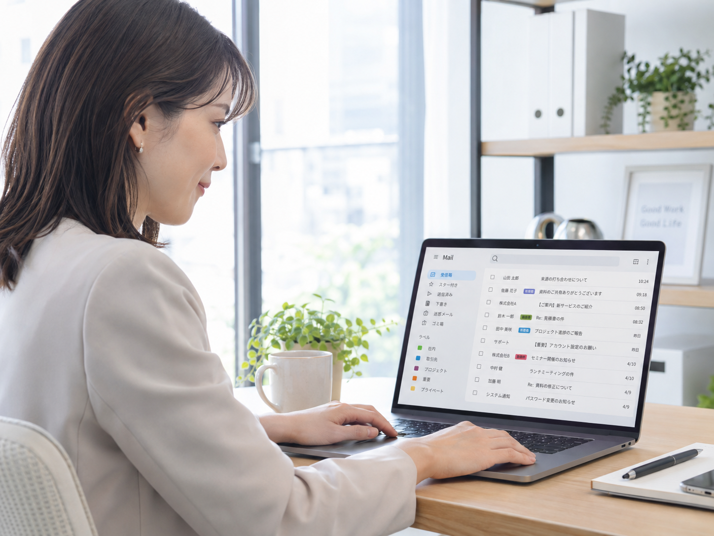 メールを整理しながらパソコンで作業する女性