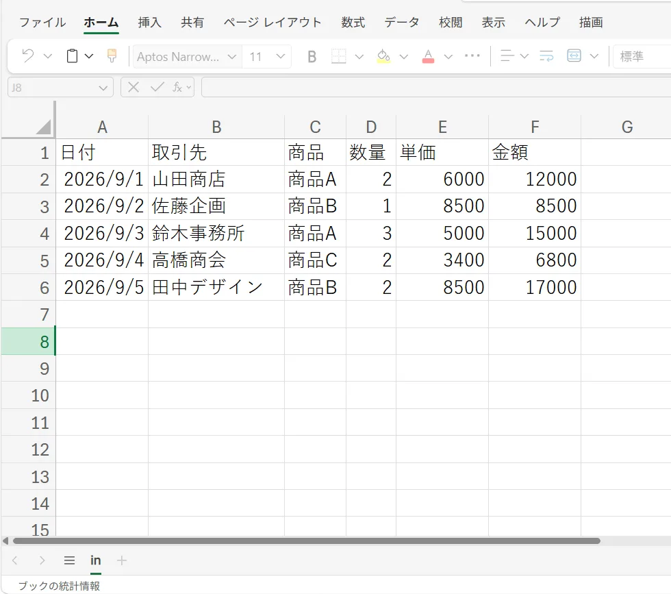 日付、取引先、商品、数量、単価、金額が入った転記元の売上一覧