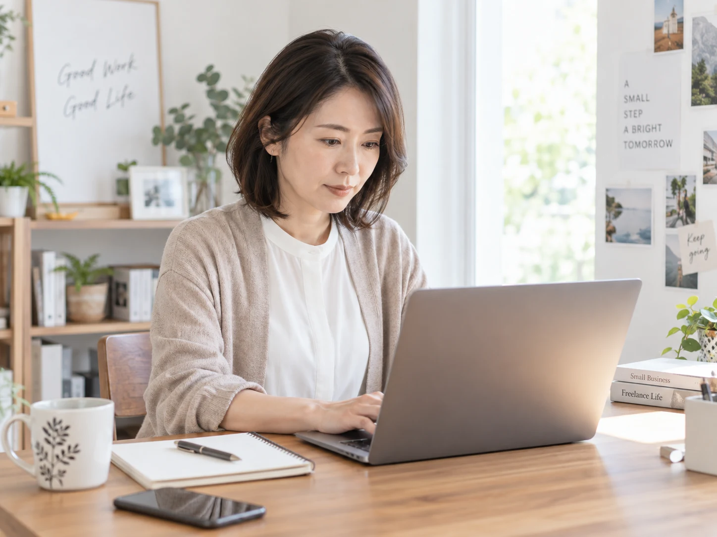 ノートPCで問い合わせ対応の業務を行う個人事業主のイメージ