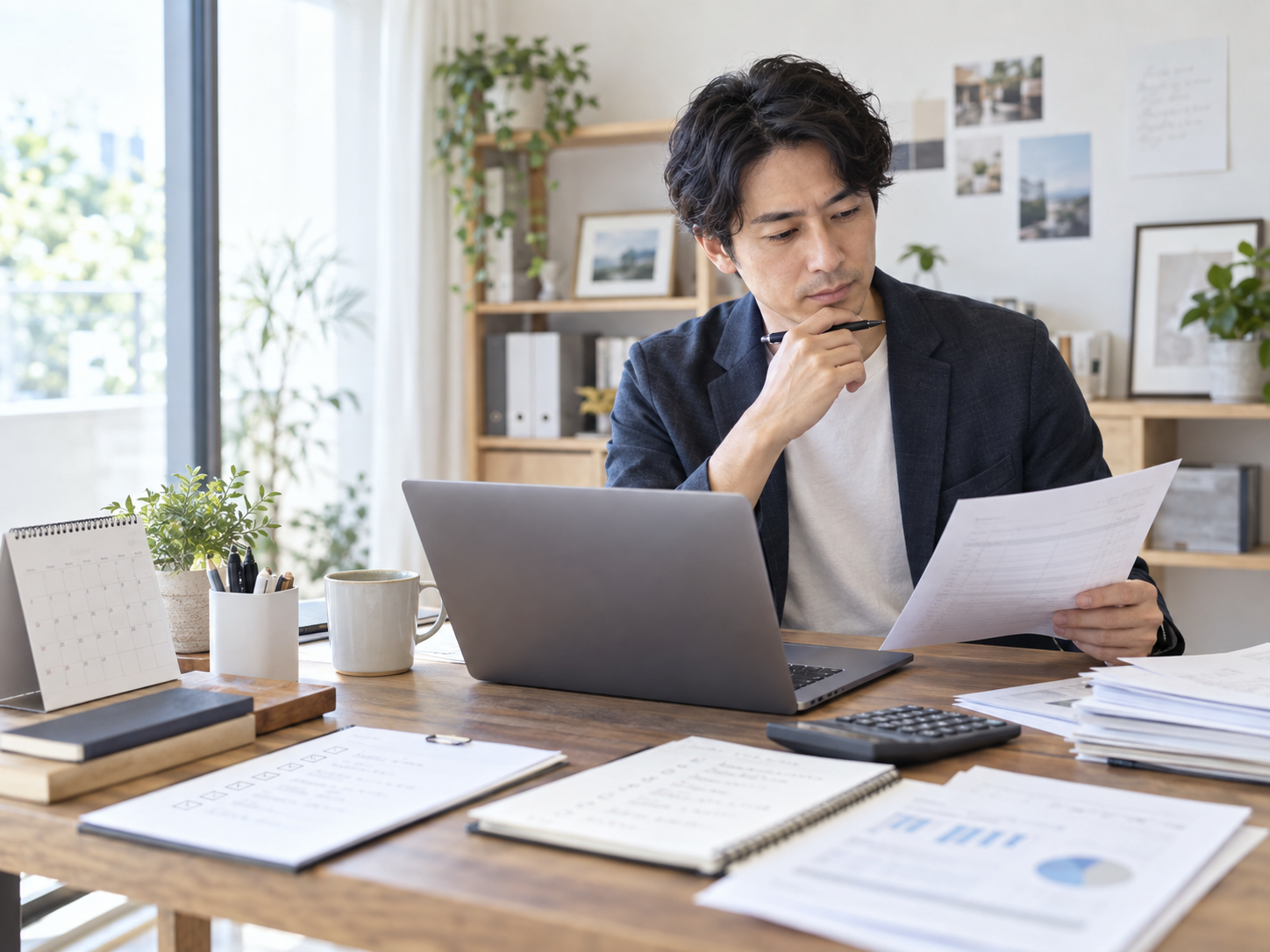 ノートパソコンと書類を見比べながら業務の条件を確認する男性