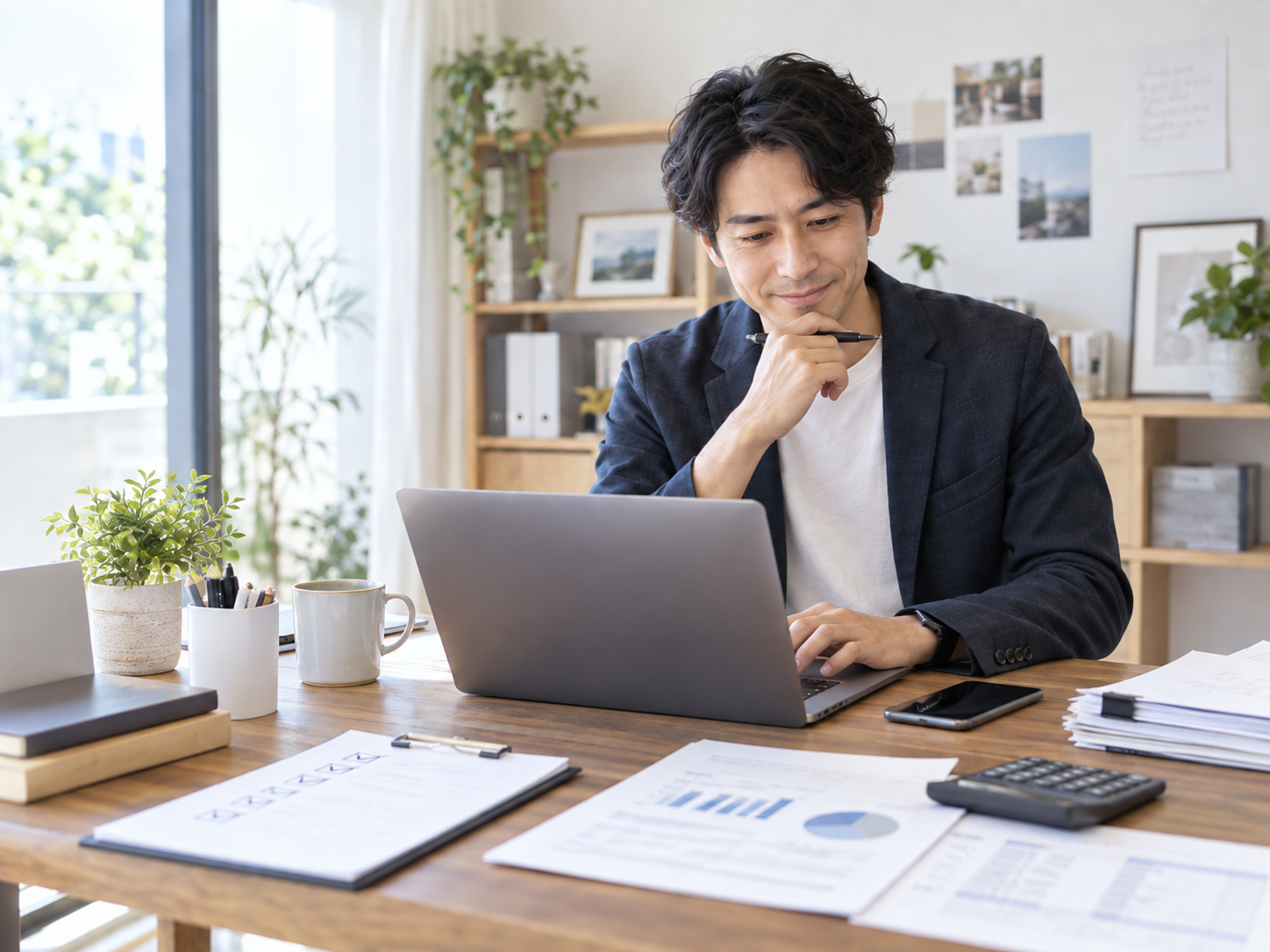 ノートパソコンと集計資料を見ながら仕事を確認する男性