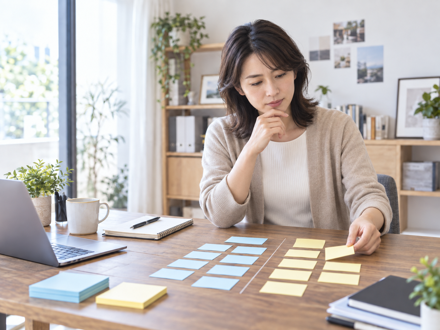 付箋を並べて仕事を分類しながら確認する女性