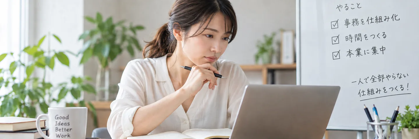 「事務を仕組み化する・時間をつくる・本業に集中する」と書いたホワイトボードの前で、ノートパソコンに向かう個人事業主