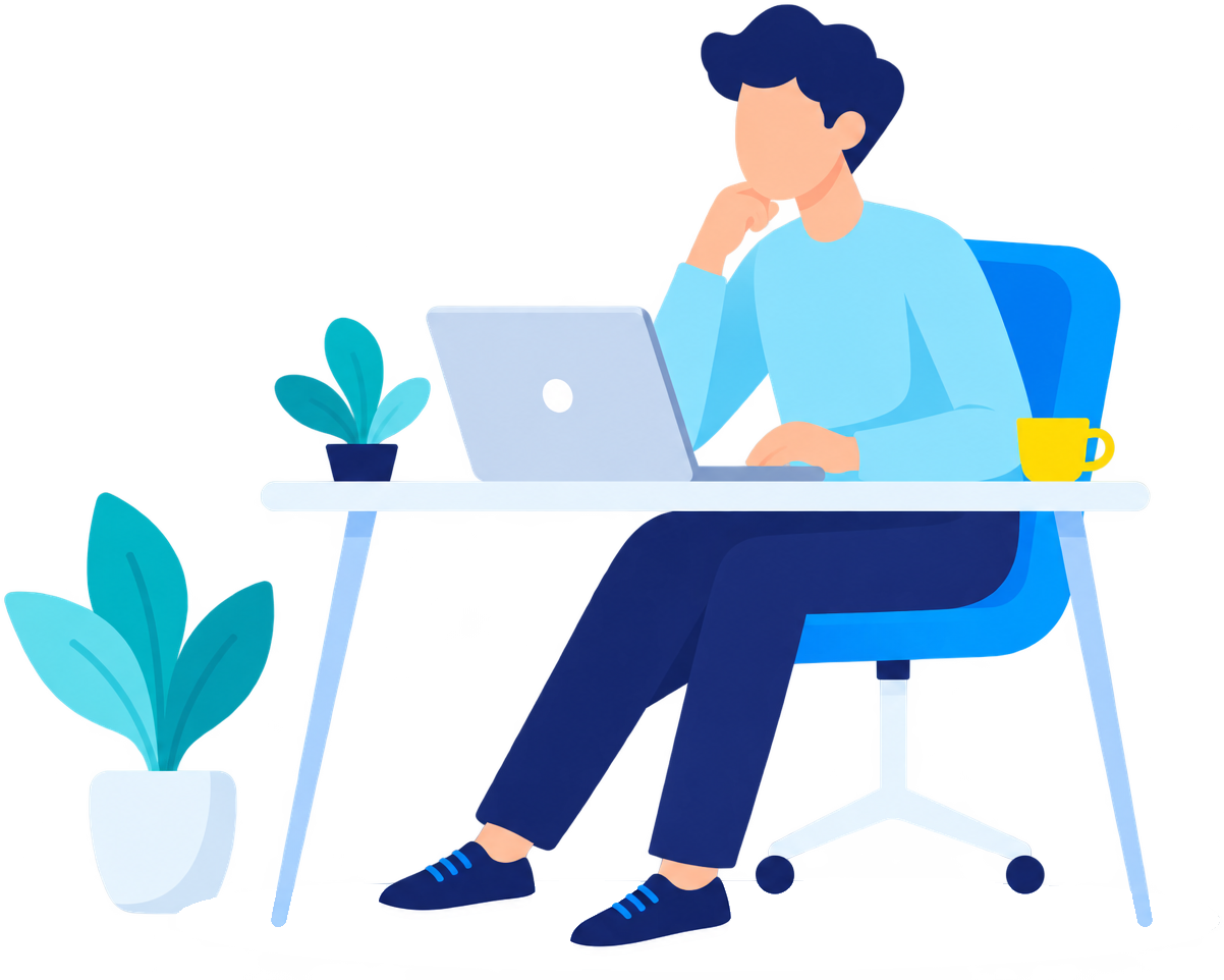 ノートパソコンで資料やデータを扱いながら働く人のイラスト